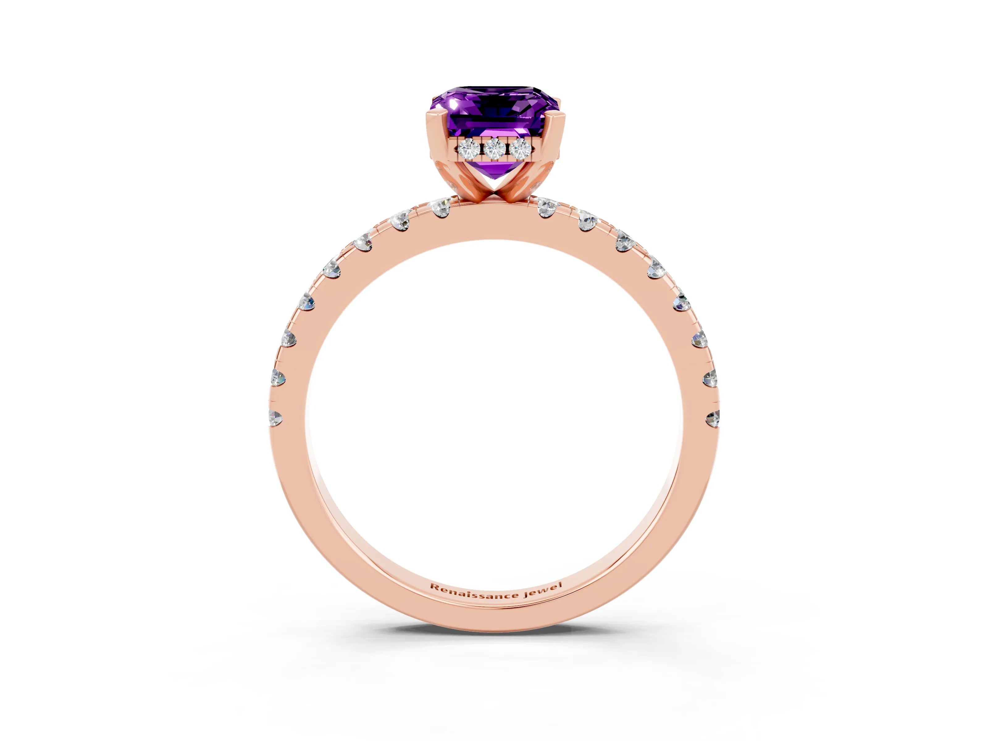 Rose gold Emerald Cut Amethyst Solitaire Ring with Pavé Band and Four-Prong Setting_27