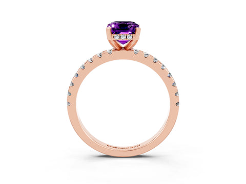Rose gold Emerald Cut Amethyst Solitaire Ring with Pavé Band and Four-Prong Setting_27