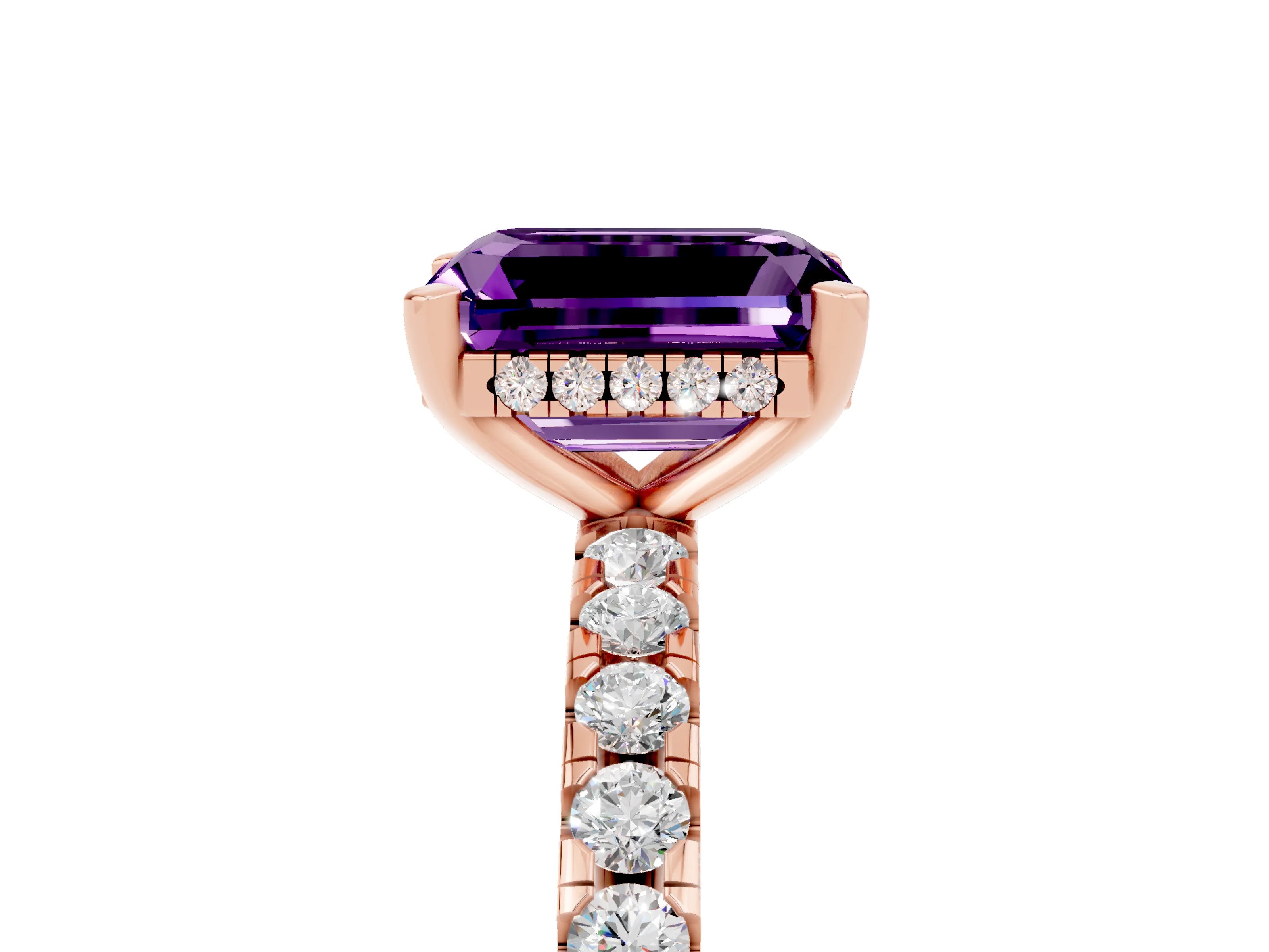 Rose gold Emerald Cut Amethyst Solitaire Ring with Pavé Band and Four-Prong Setting_29