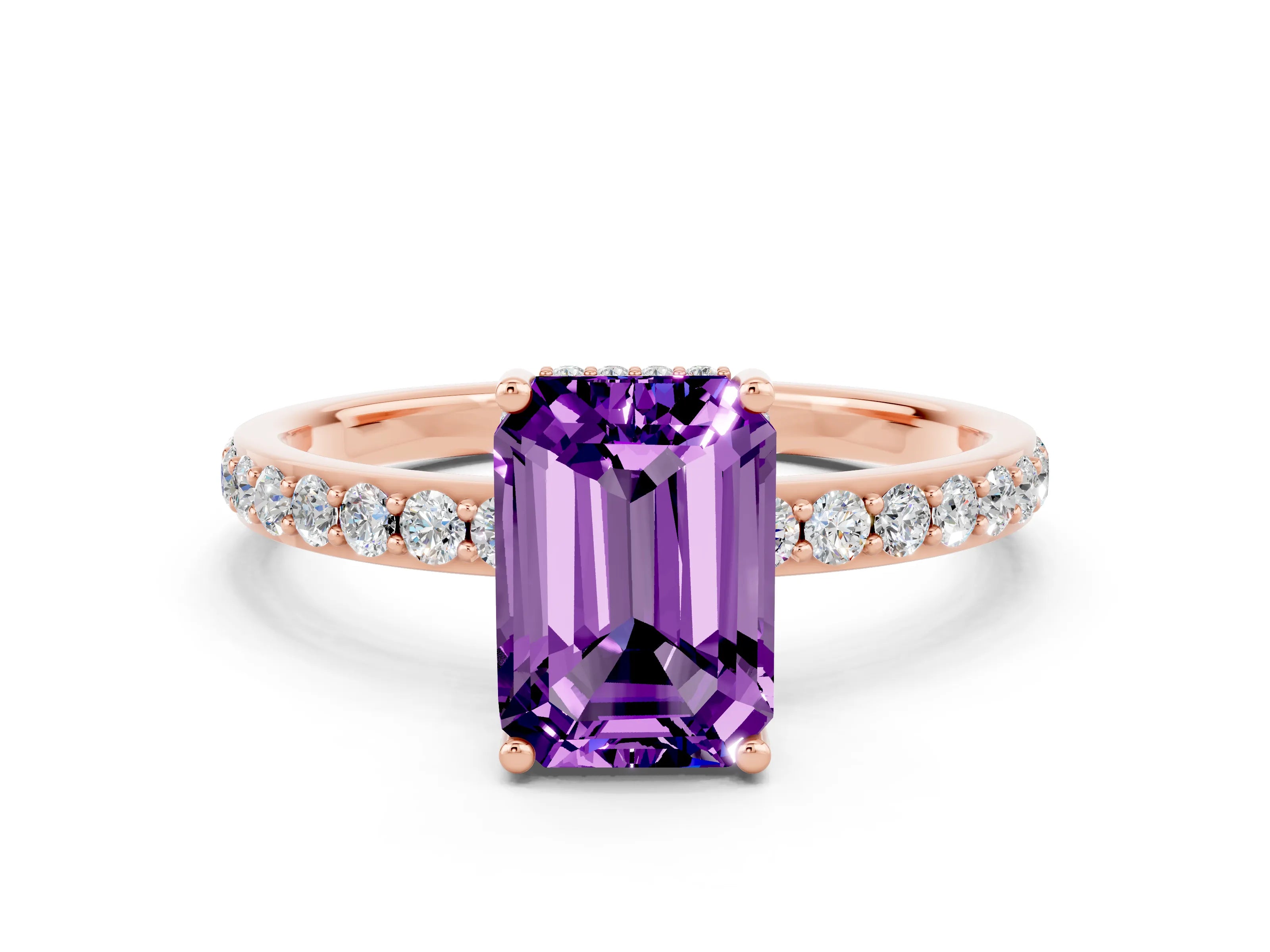 Rose gold Emerald Cut Amethyst Solitaire Ring with Pavé Band and Hidden Halo_12