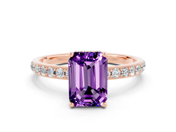Rose gold Emerald Cut Amethyst Solitaire Ring with Pavé Band and Hidden Halo