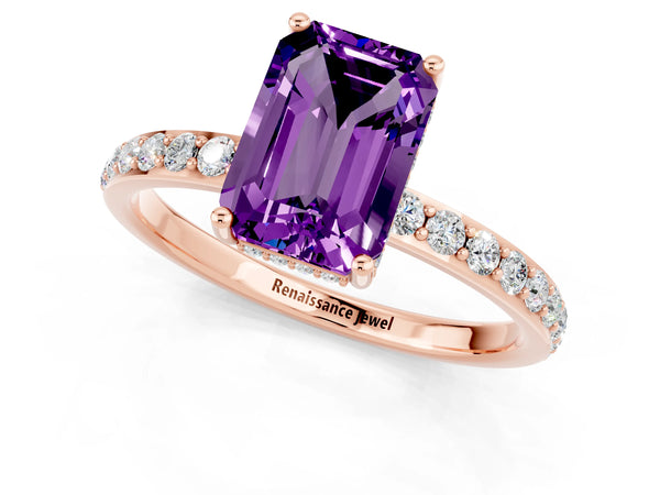 Rose gold Emerald Cut Amethyst Solitaire Ring with Pavé Band and Hidden Halo