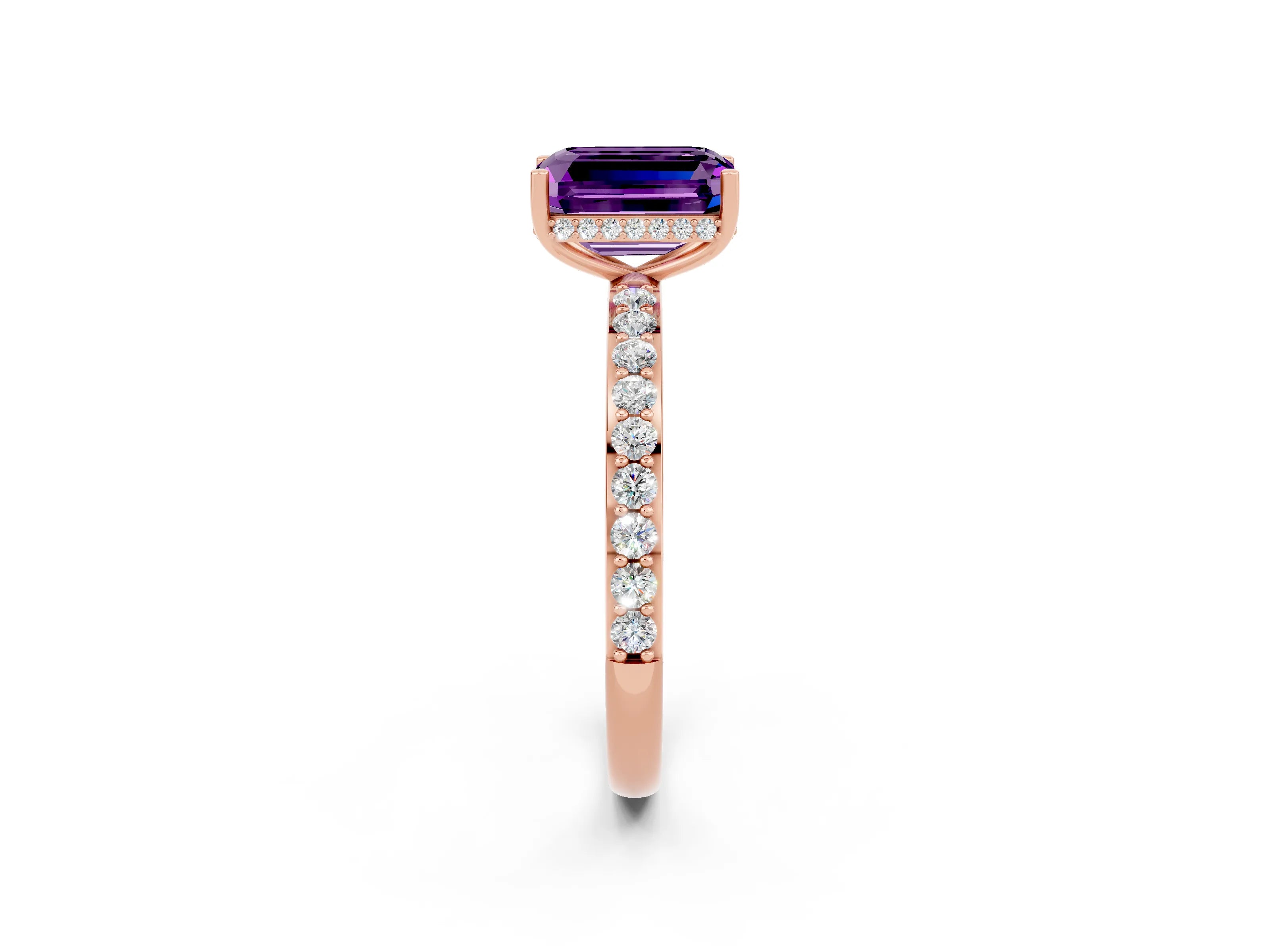Rose gold Emerald Cut Amethyst Solitaire Ring with Pavé Band and Hidden Halo_14