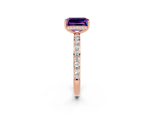 Rose gold Emerald Cut Amethyst Solitaire Ring with Pavé Band and Hidden Halo
