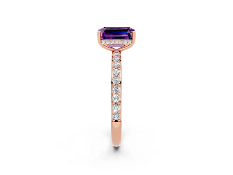 Rose gold Emerald Cut Amethyst Solitaire Ring with Pavé Band and Hidden Halo_14