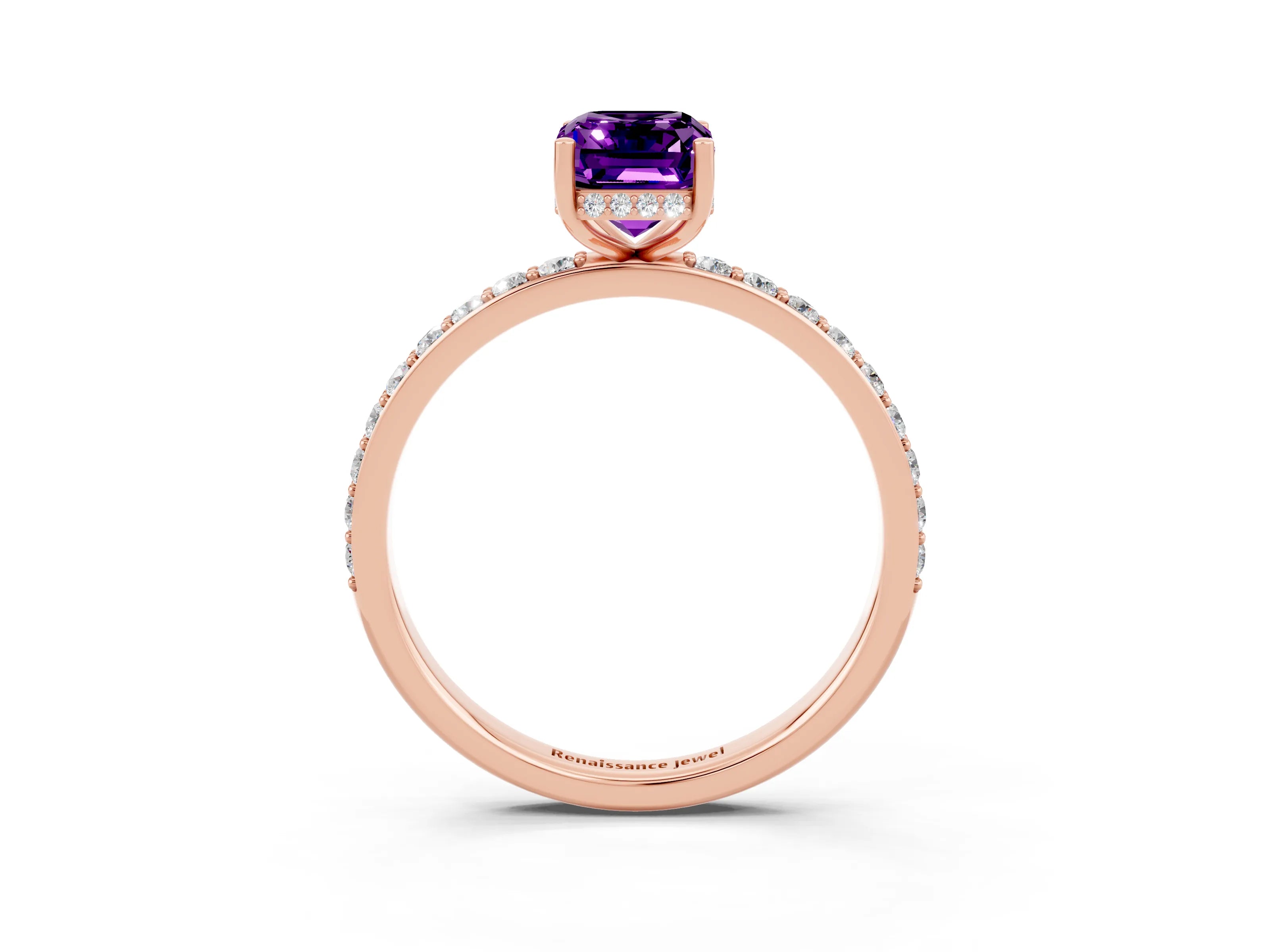 Rose gold Emerald Cut Amethyst Solitaire Ring with Pavé Band and Hidden Halo_15