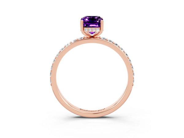 Rose gold Emerald Cut Amethyst Solitaire Ring with Pavé Band and Hidden Halo