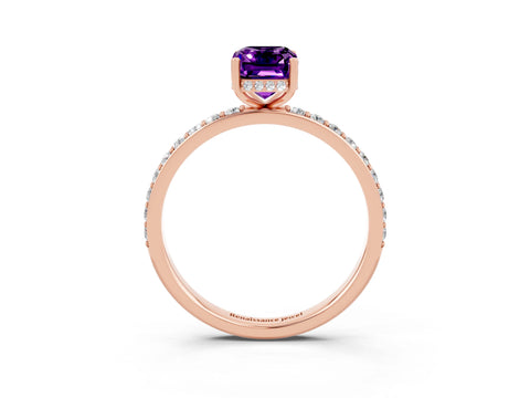 Rose gold Emerald Cut Amethyst Solitaire Ring with Pavé Band and Hidden Halo_15