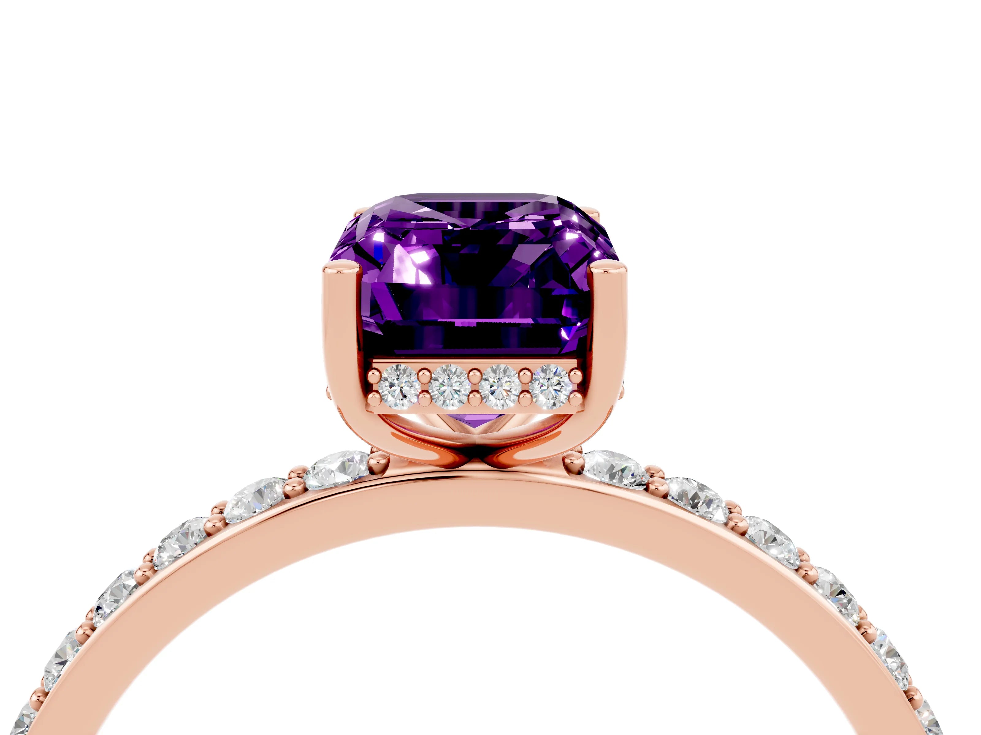 Rose gold Emerald Cut Amethyst Solitaire Ring with Pavé Band and Hidden Halo_16