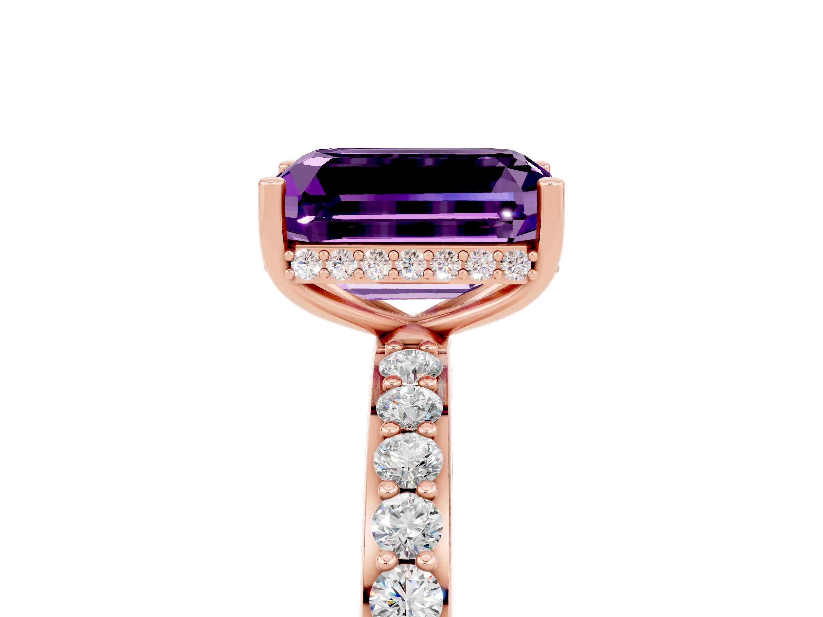 Rose gold Emerald Cut Amethyst Solitaire Ring with Pavé Band and Hidden Halo_17