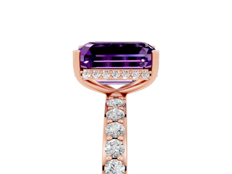 Rose gold Emerald Cut Amethyst Solitaire Ring with Pavé Band and Hidden Halo_17