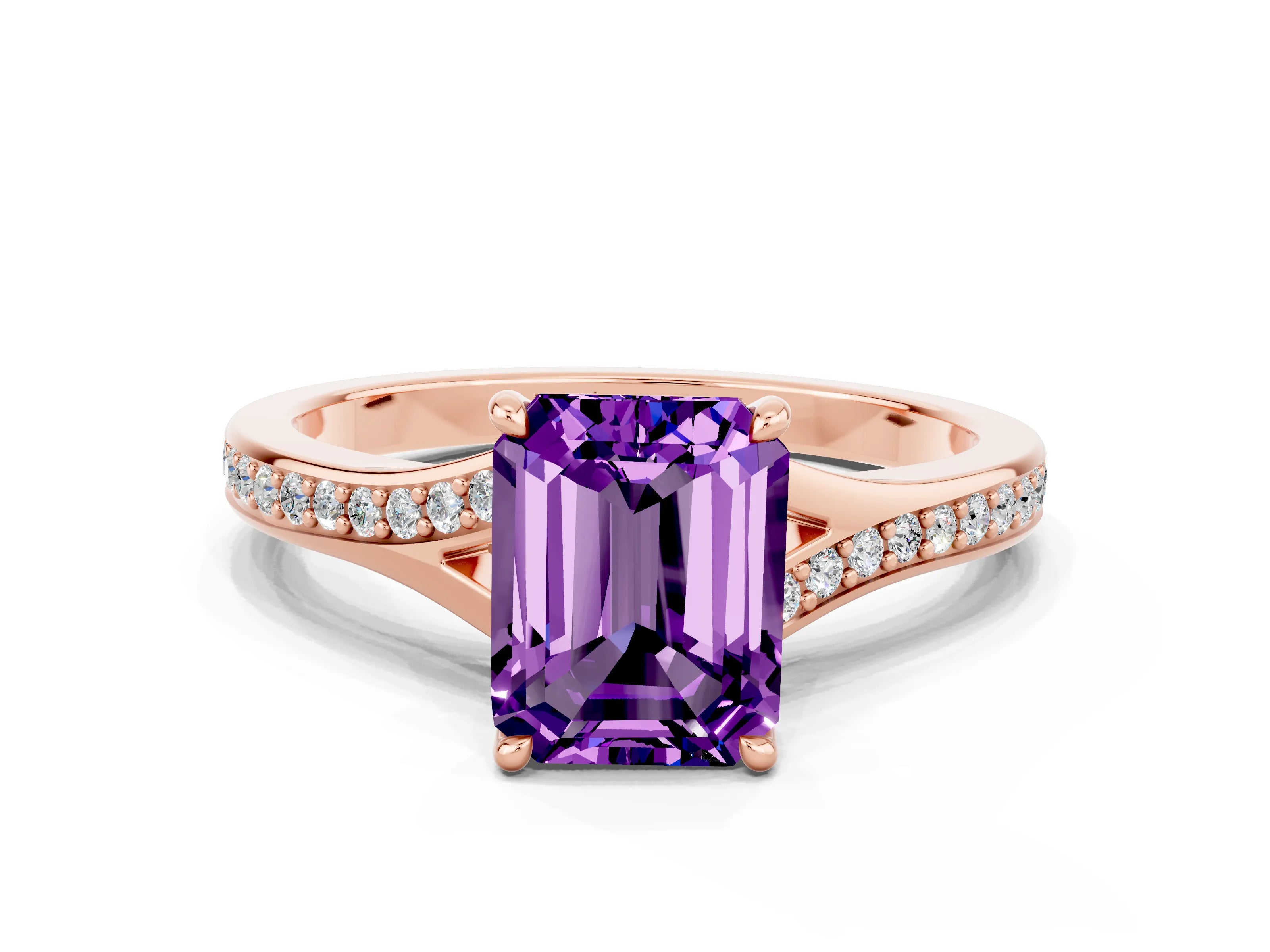 Rose gold Emerald Cut Amethyst Solitaire Ring with Pavé Band and Prong Setting