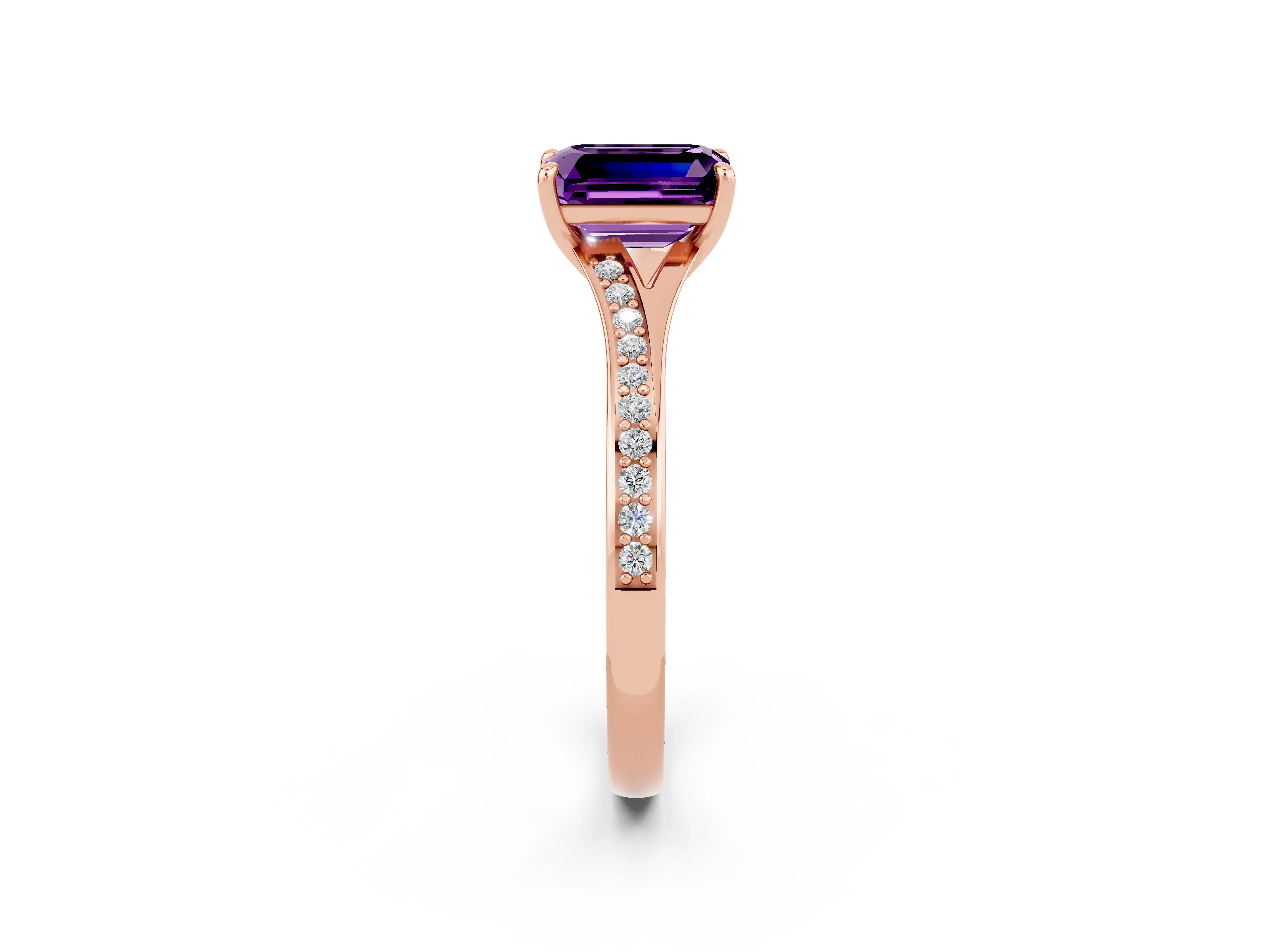 Rose gold Emerald Cut Amethyst Solitaire Ring with Pavé Band and Prong Setting_2
