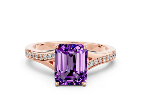 Rose gold Emerald Cut Amethyst Solitaire Ring with Pavé Band and Prong Setting_24