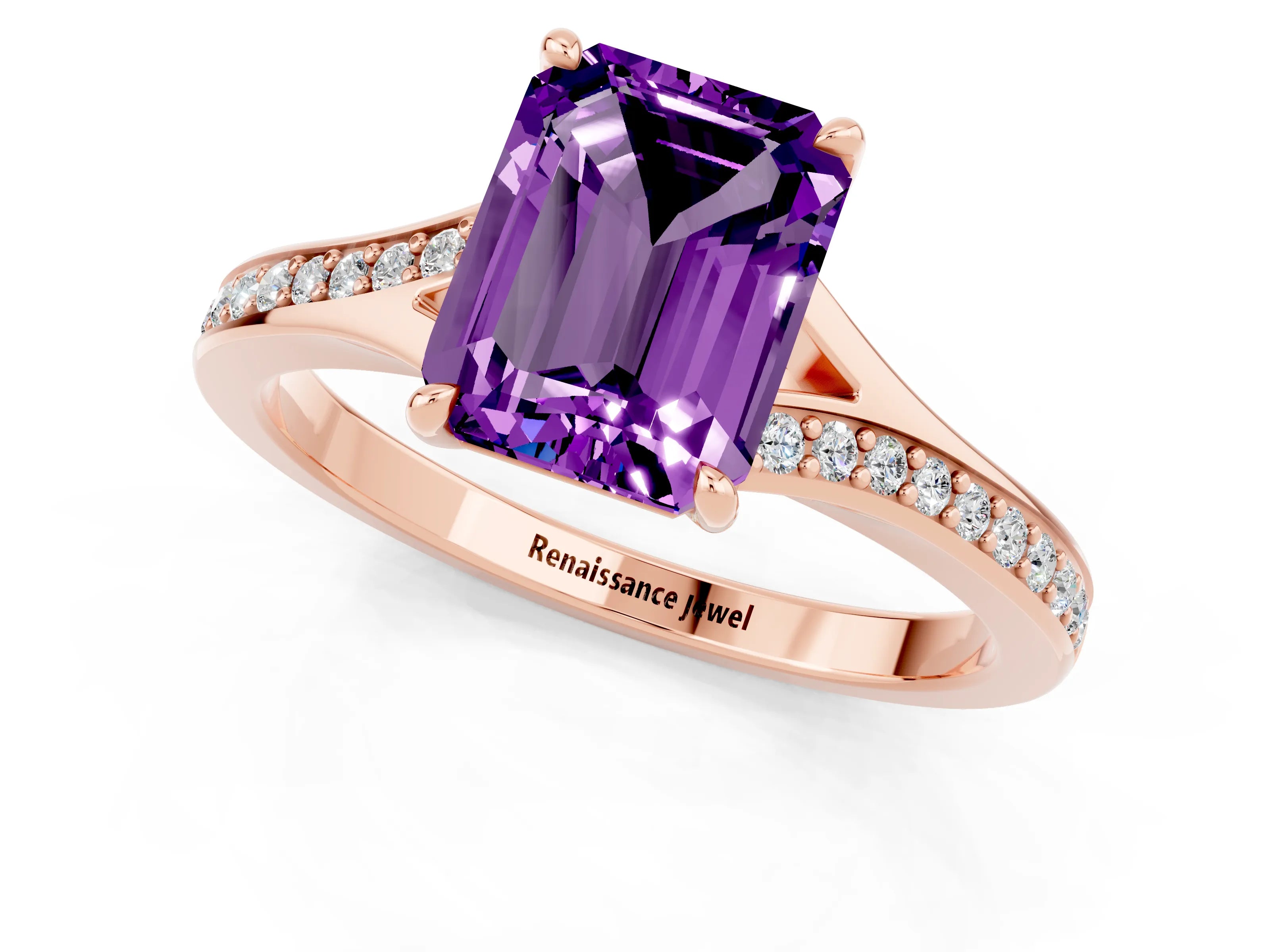 Rose gold Emerald Cut Amethyst Solitaire Ring with Pavé Band and Prong Setting_25