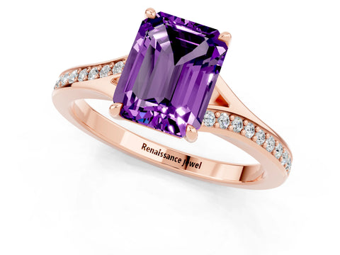 Rose gold Emerald Cut Amethyst Solitaire Ring with Pavé Band and Prong Setting_25