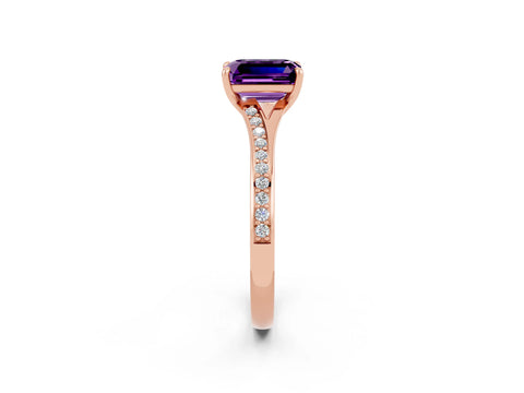 Rose gold Emerald Cut Amethyst Solitaire Ring with Pavé Band and Prong Setting_26