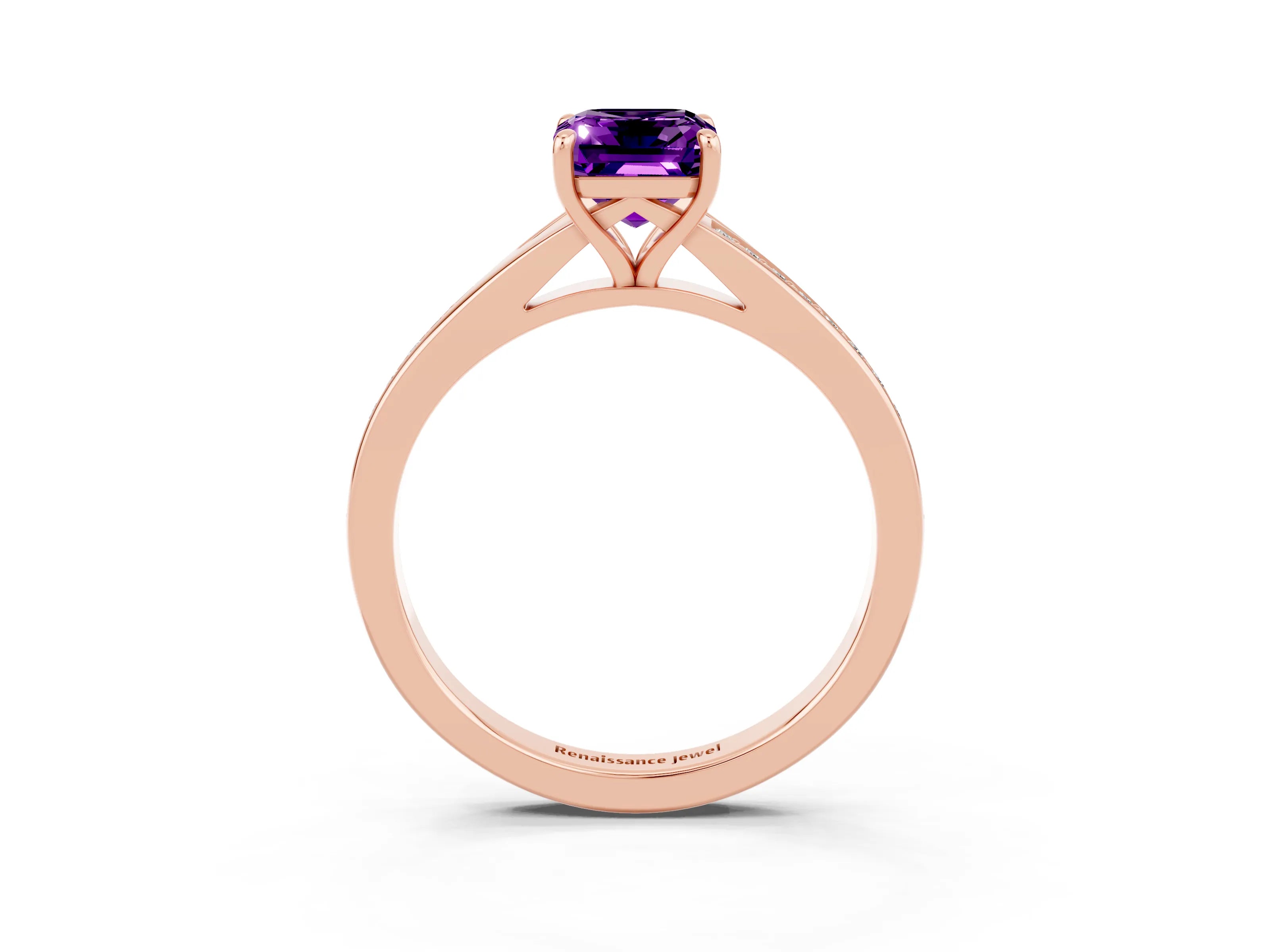 Rose gold Emerald Cut Amethyst Solitaire Ring with Pavé Band and Prong Setting_27