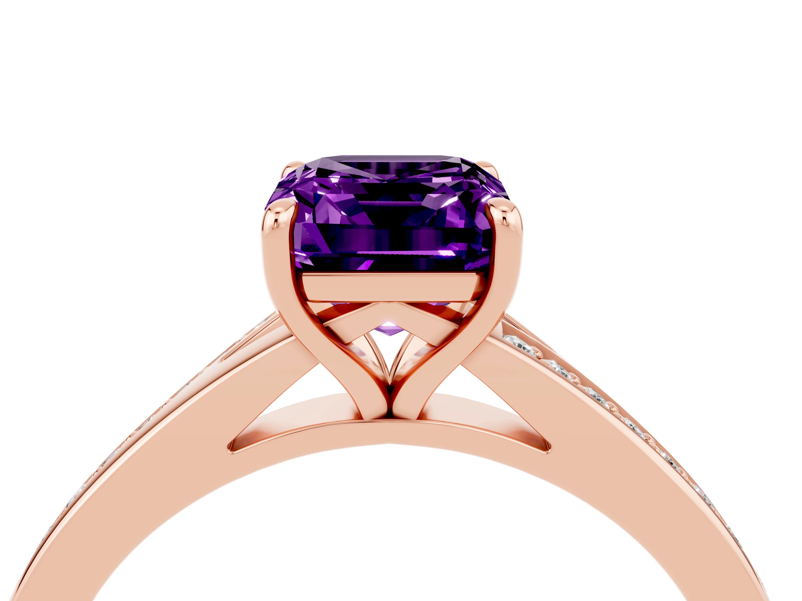 Rose gold Emerald Cut Amethyst Solitaire Ring with Pavé Band and Prong Setting_28