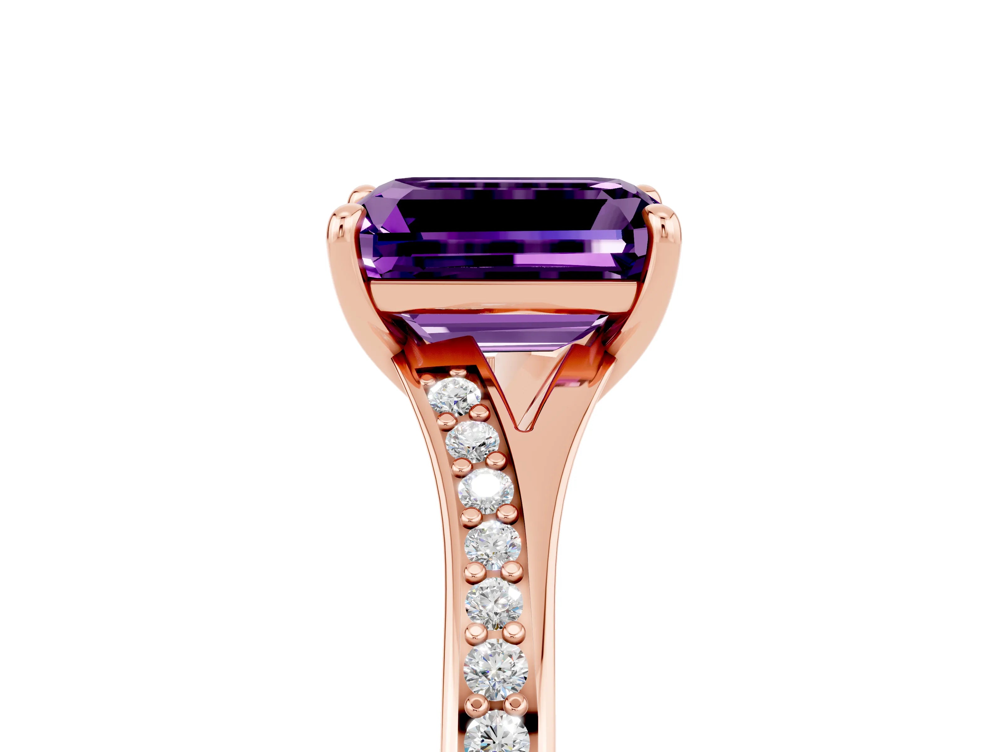 Rose gold Emerald Cut Amethyst Solitaire Ring with Pavé Band and Prong Setting_29