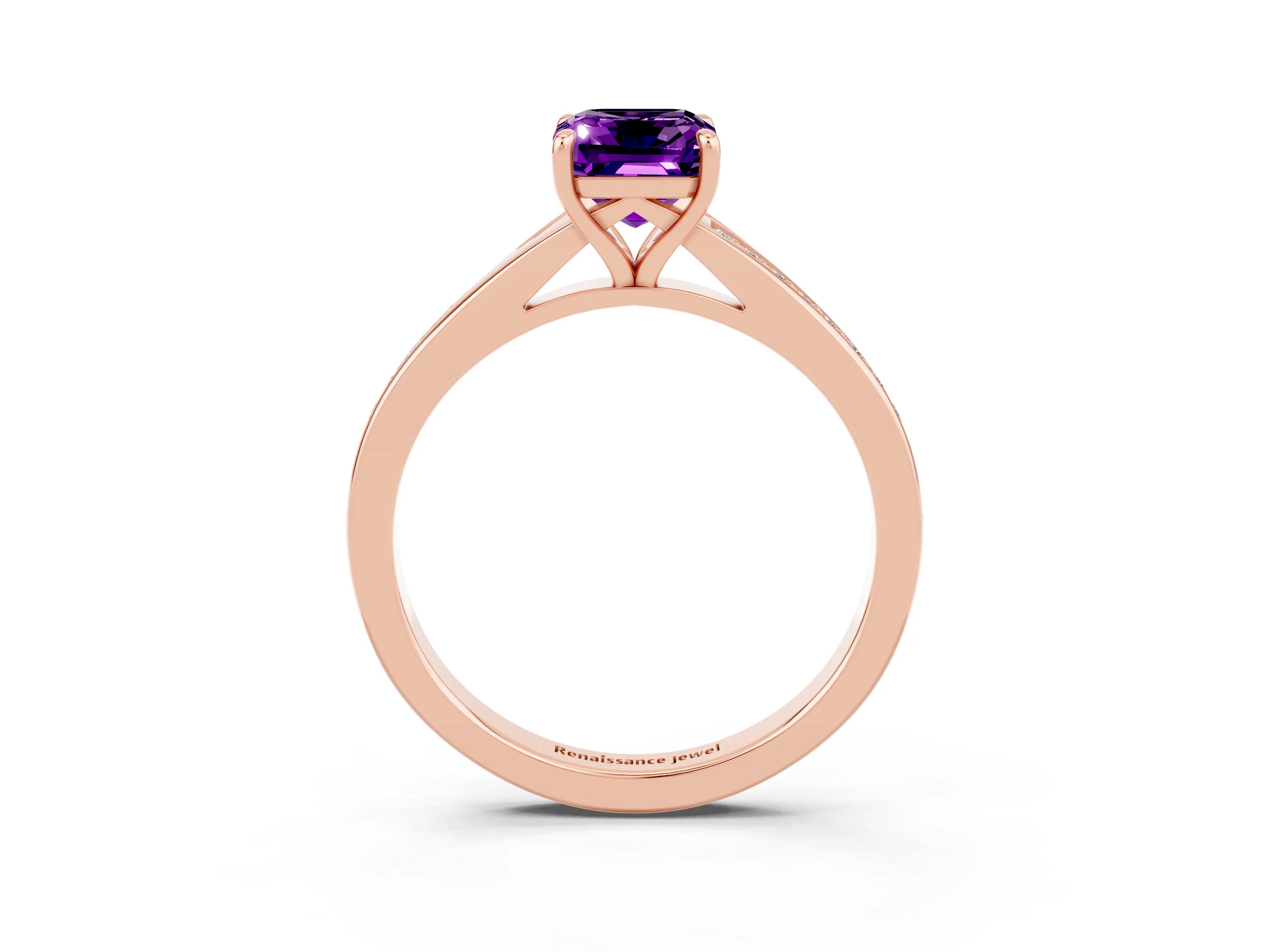 Rose gold Emerald Cut Amethyst Solitaire Ring with Pavé Band and Prong Setting_3