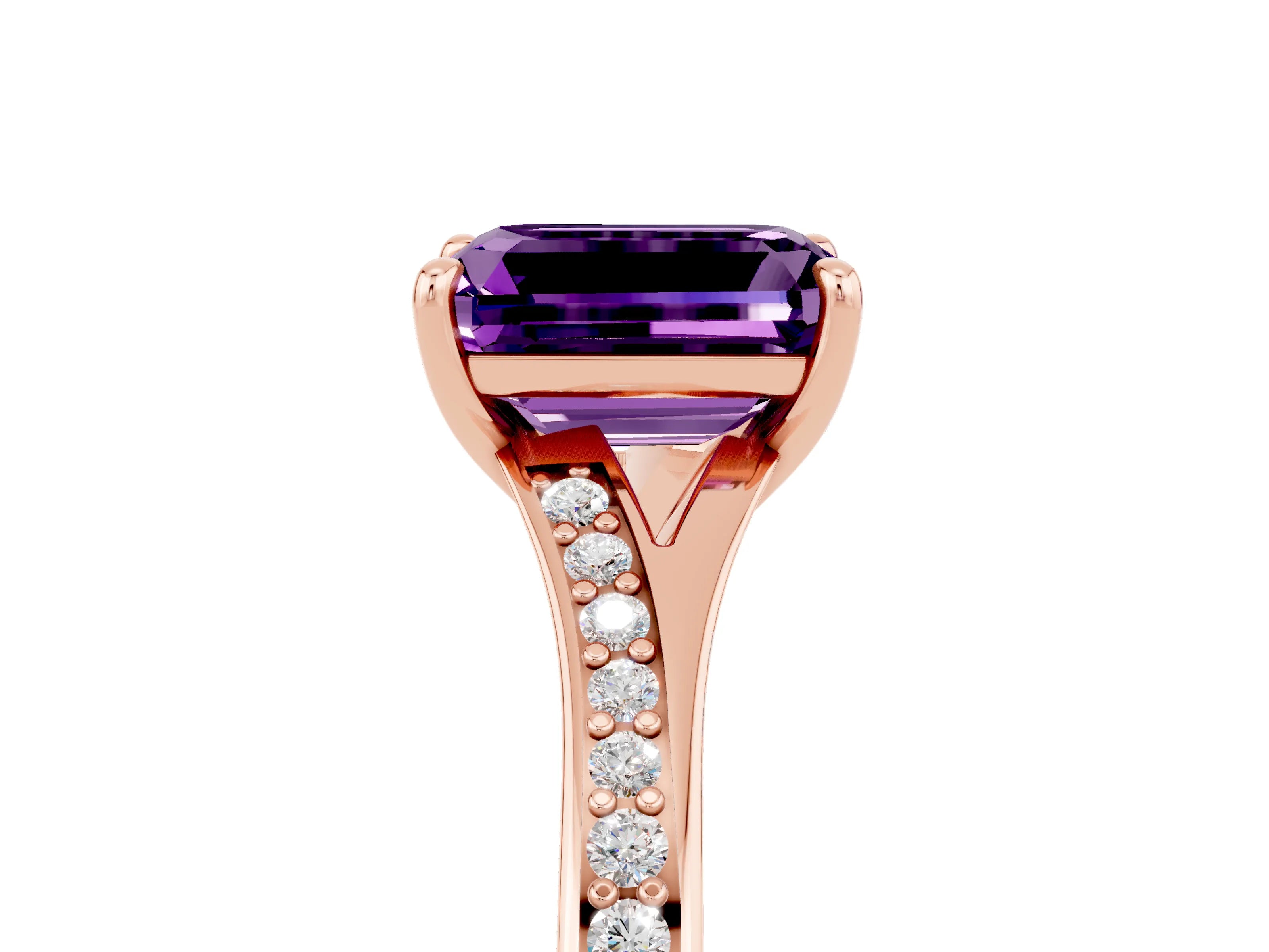 Rose gold Emerald Cut Amethyst Solitaire Ring with Pavé Band and Prong Setting_5