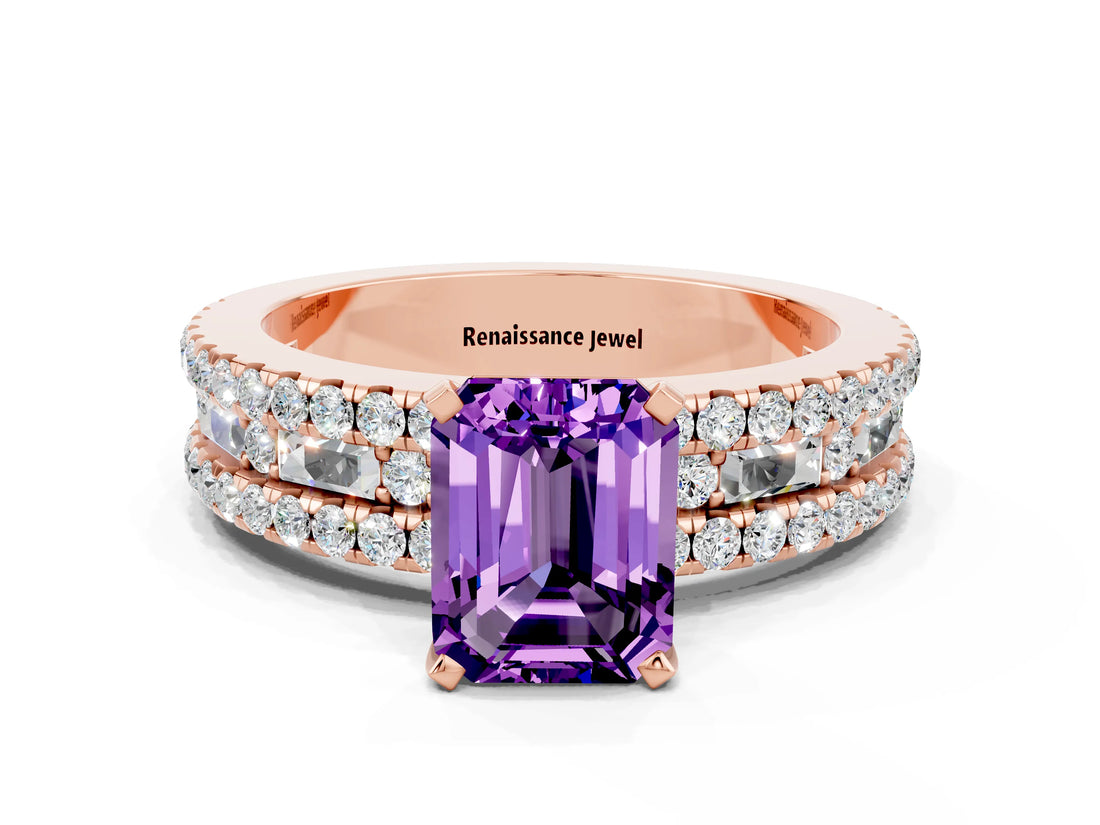 Rose gold Emerald Cut Amethyst Solitaire Ring with Pavé and Channel Set Band