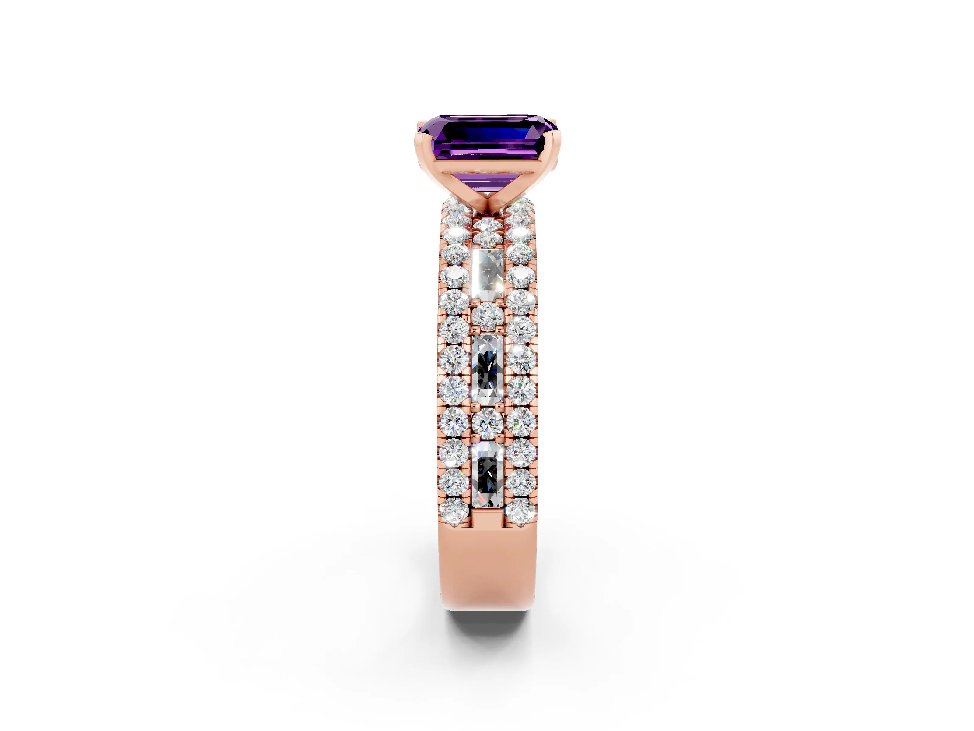 Rose gold Emerald Cut Amethyst Solitaire Ring with Pavé and Channel Set Band_2