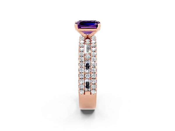 Rose gold Emerald Cut Amethyst Solitaire Ring with Pavé and Channel Set Band