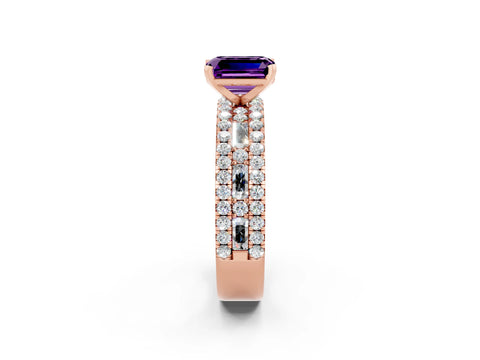 Rose gold Emerald Cut Amethyst Solitaire Ring with Pavé and Channel Set Band_2