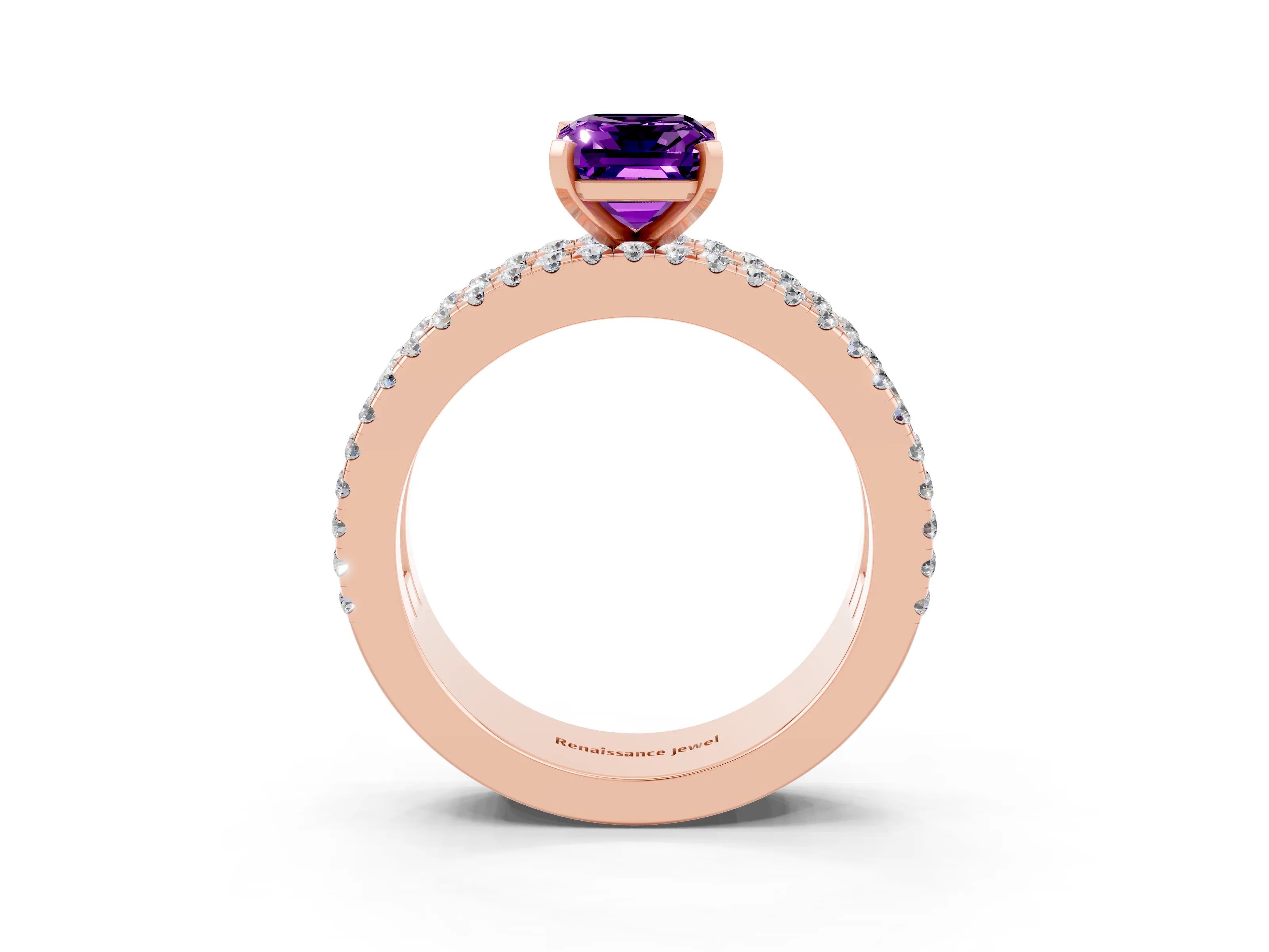 Rose gold Emerald Cut Amethyst Solitaire Ring with Pavé and Channel Set Band_3