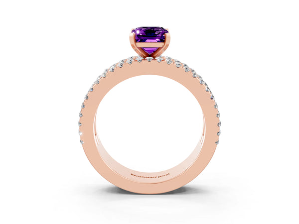 Rose gold Emerald Cut Amethyst Solitaire Ring with Pavé and Channel Set Band