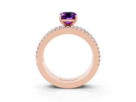 Rose gold Emerald Cut Amethyst Solitaire Ring with Pavé and Channel Set Band_3