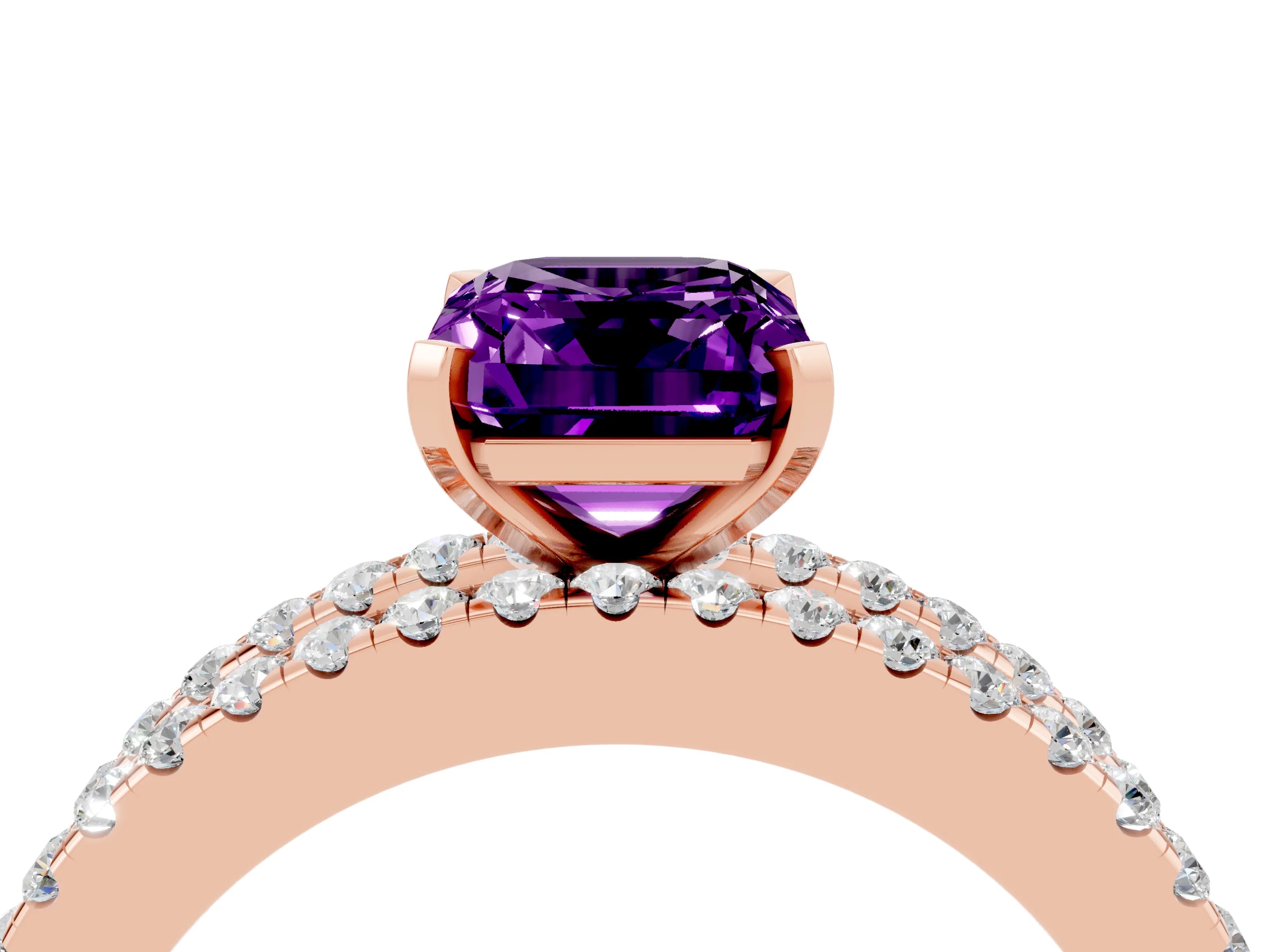 Rose gold Emerald Cut Amethyst Solitaire Ring with Pavé and Channel Set Band_4