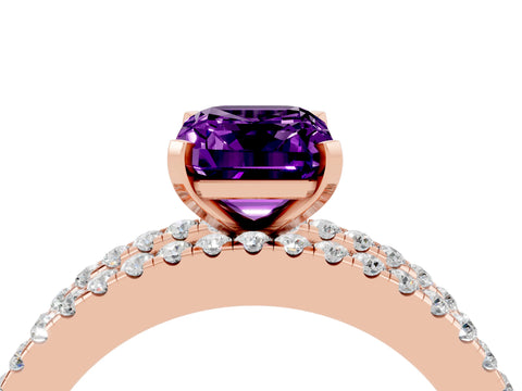 Rose gold Emerald Cut Amethyst Solitaire Ring with Pavé and Channel Set Band_4