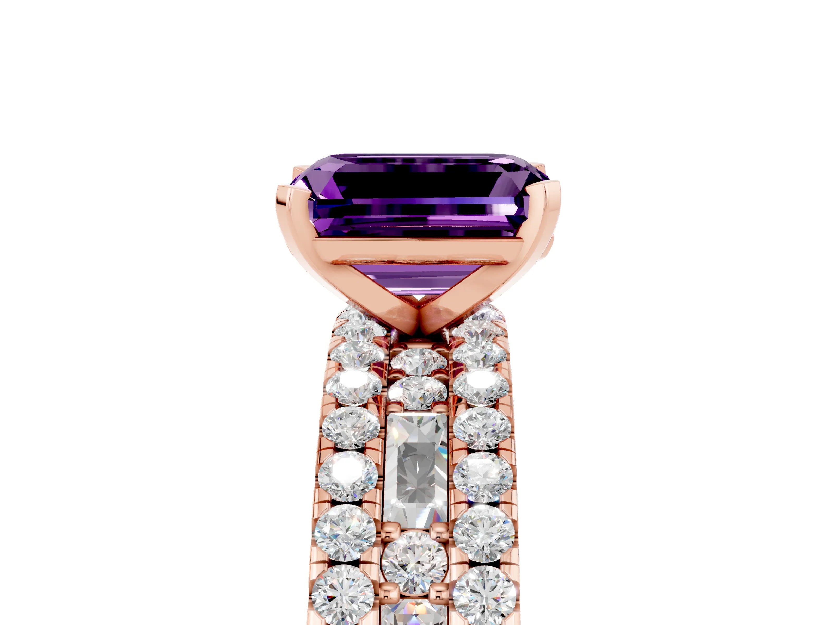 Rose gold Emerald Cut Amethyst Solitaire Ring with Pavé and Channel Set Band_5