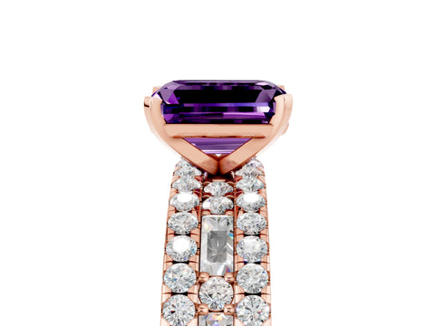 Rose gold Emerald Cut Amethyst Solitaire Ring with Pavé and Channel Set Band_5