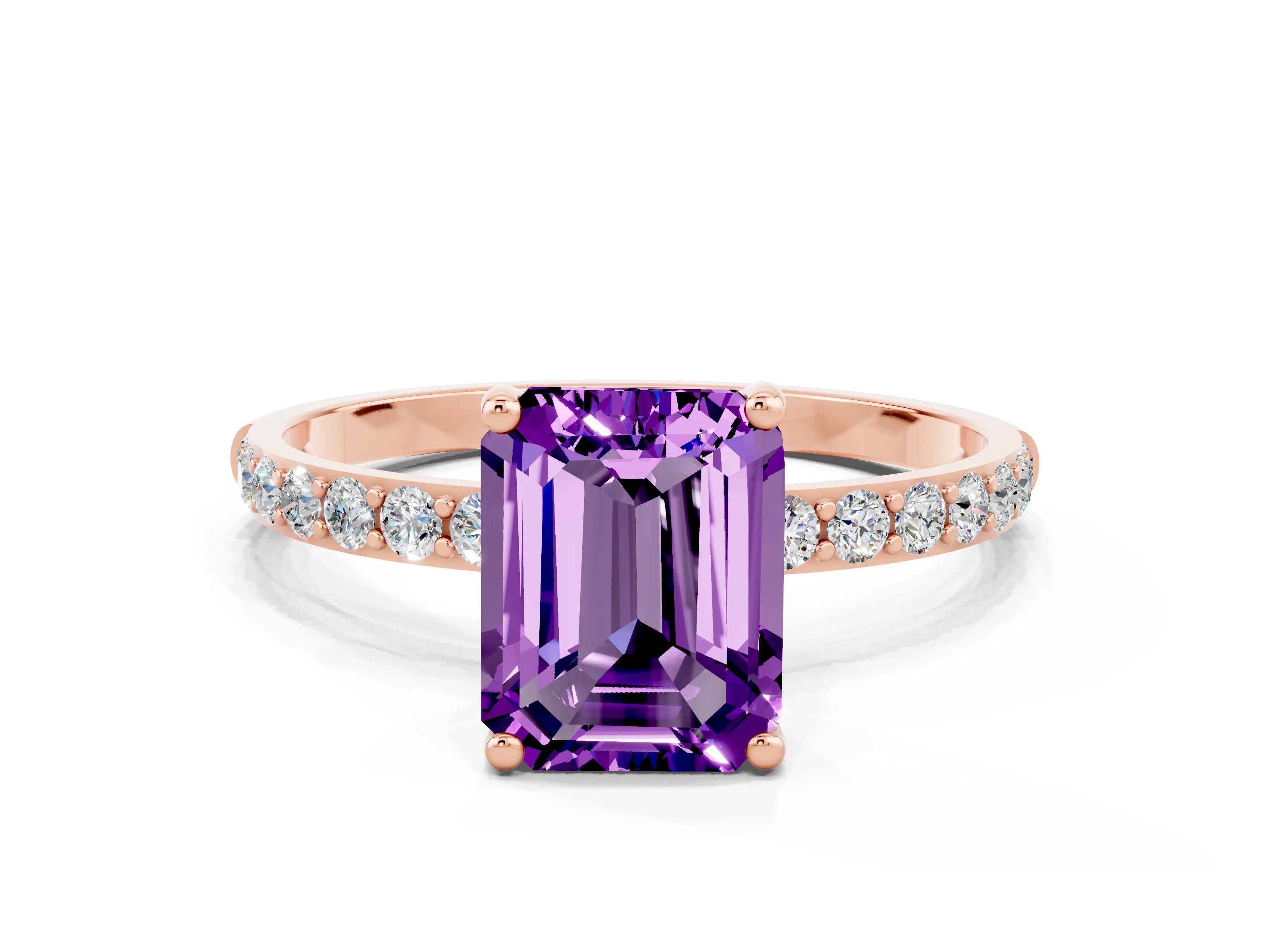 Rose gold Emerald Cut Amethyst Solitaire Ring with Pave Band and Four Prong Setting_24