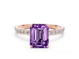 Rose gold Emerald Cut Amethyst Solitaire Ring with Pave Band and Four Prong Setting_24