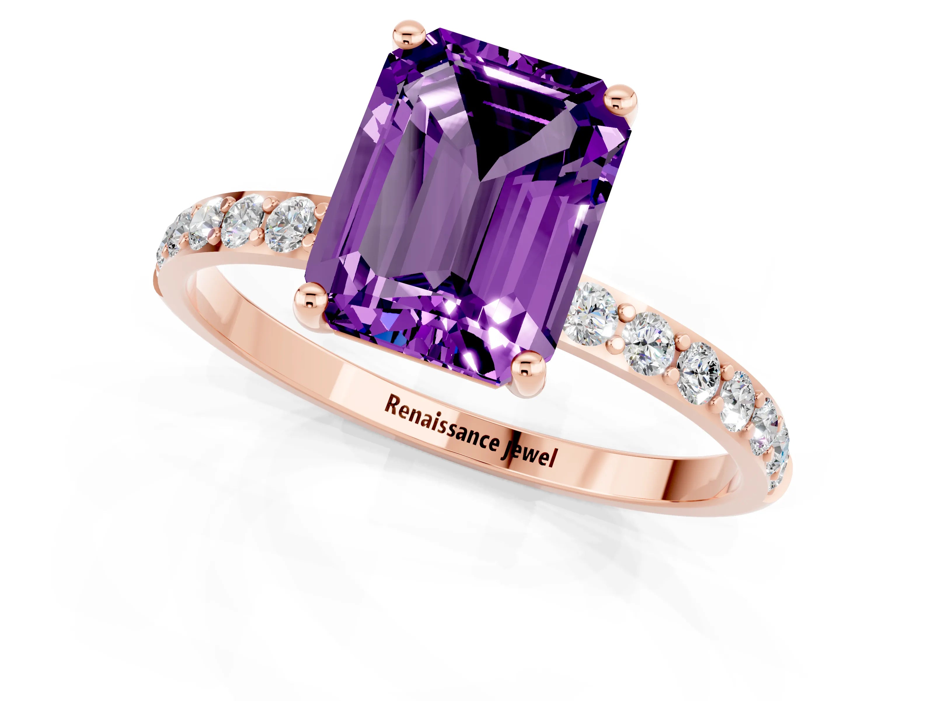 Rose gold Emerald Cut Amethyst Solitaire Ring with Pave Band and Four Prong Setting_25