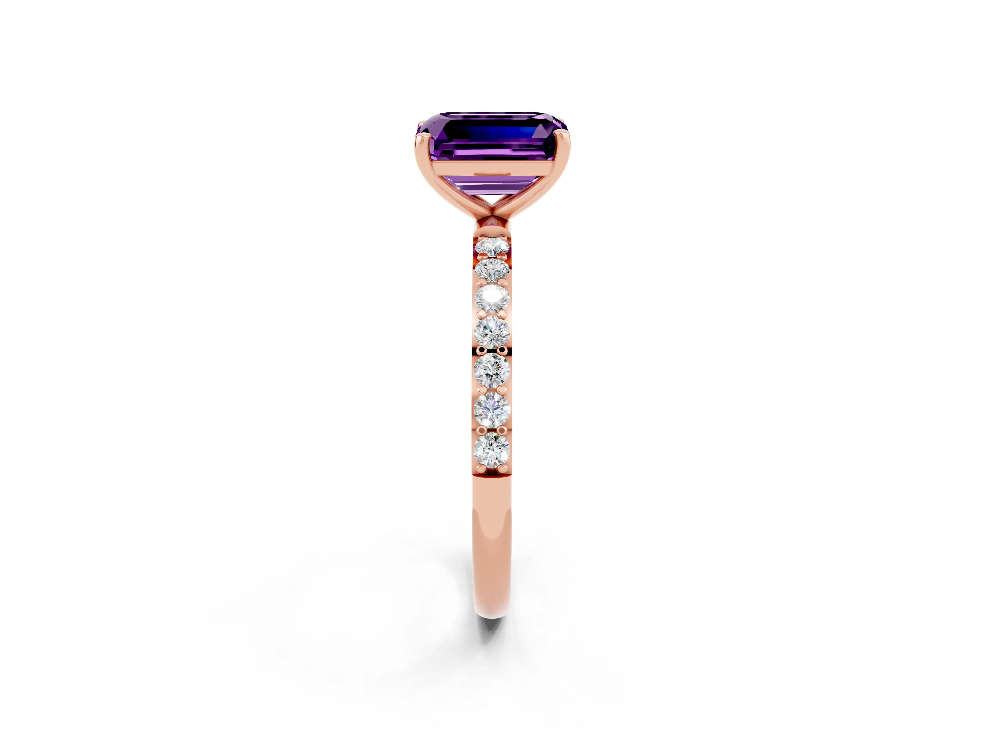 Rose gold Emerald Cut Amethyst Solitaire Ring with Pave Band and Four Prong Setting_26