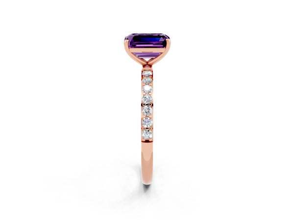 Rose gold Emerald Cut Amethyst Solitaire Ring with Round  Pavé Band and Prong Setting