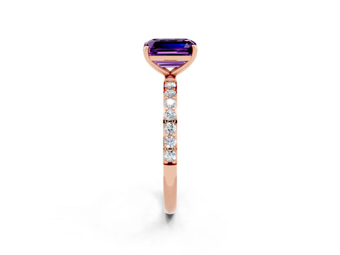 Rose gold Emerald Cut Amethyst Solitaire Ring with Pave Band and Four Prong Setting_26