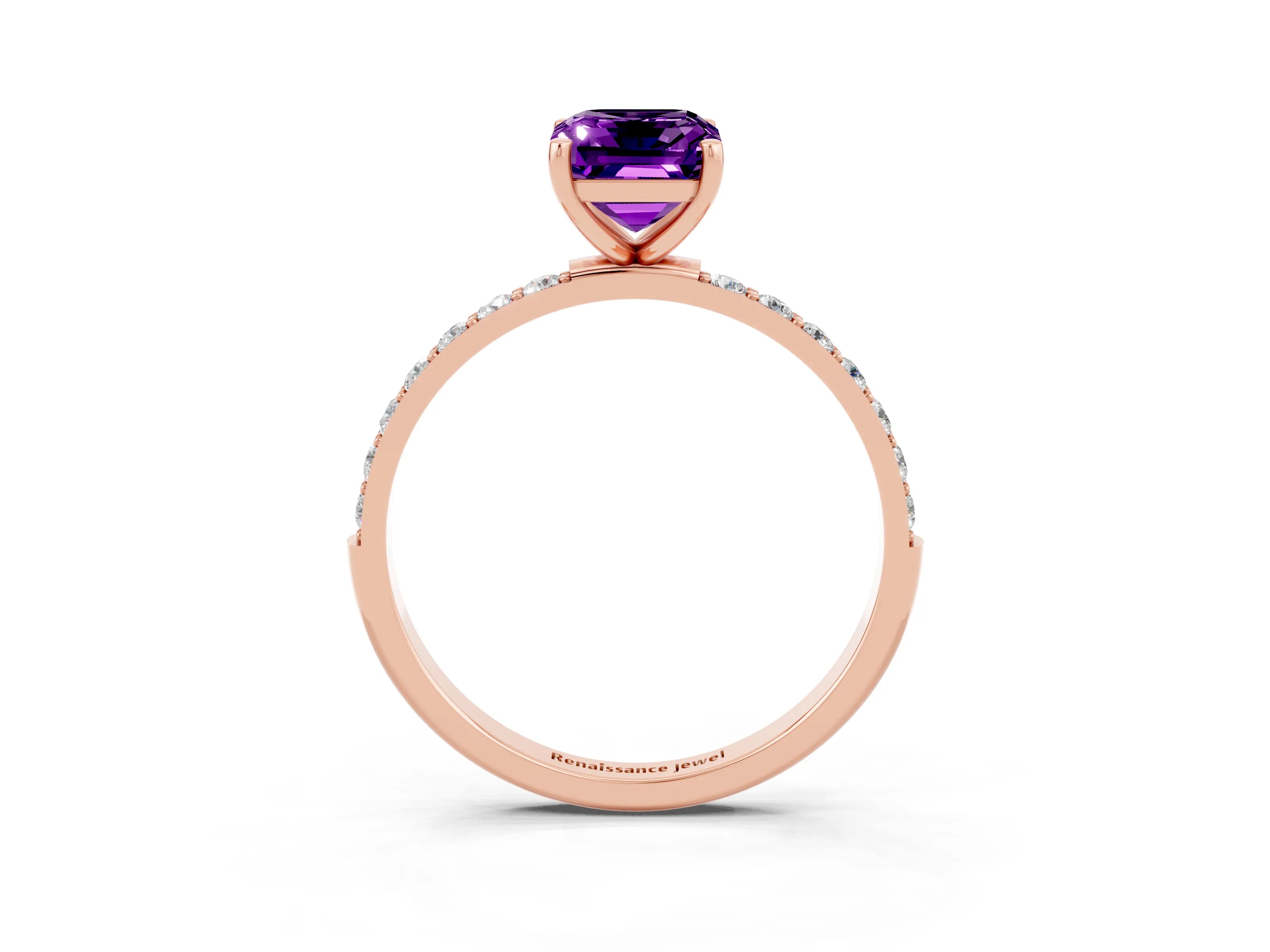 Rose gold Emerald Cut Amethyst Solitaire Ring with Pave Band and Four Prong Setting_27