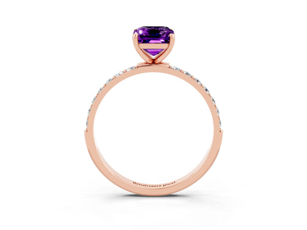 Rose gold Emerald Cut Amethyst Solitaire Ring with Round  Pavé Band and Prong Setting