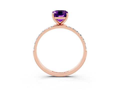 Rose gold Emerald Cut Amethyst Solitaire Ring with Pave Band and Four Prong Setting_27
