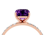 Rose gold Emerald Cut Amethyst Solitaire Ring with Pave Band and Four Prong Setting_28
