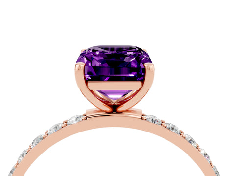 Rose gold Emerald Cut Amethyst Solitaire Ring with Pave Band and Four Prong Setting_28