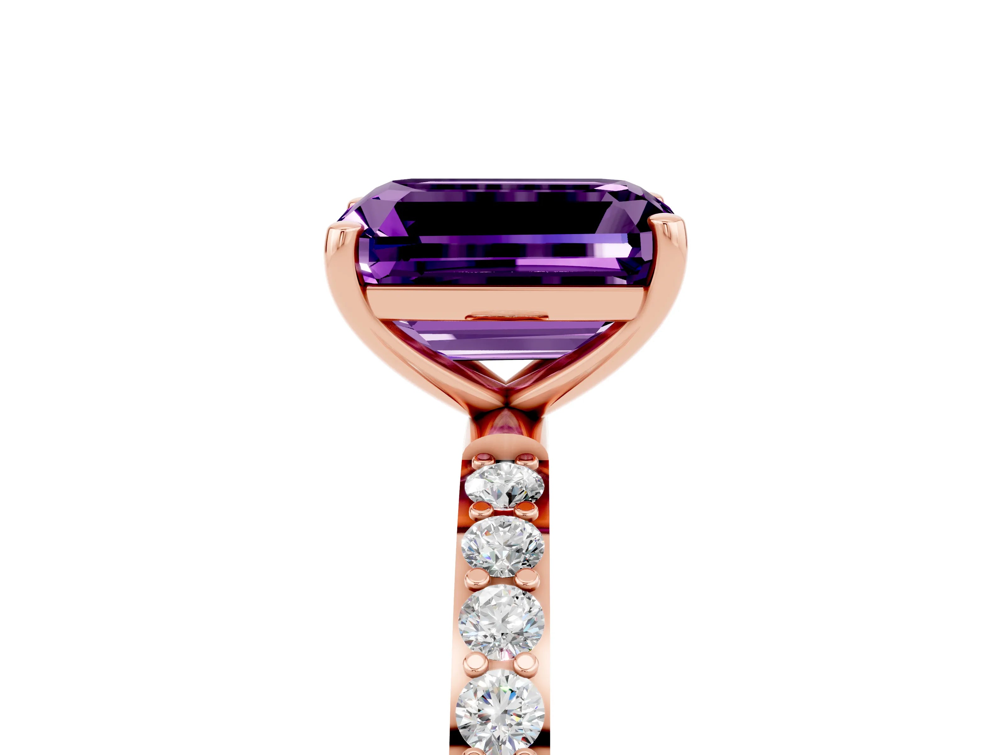 Rose gold Emerald Cut Amethyst Solitaire Ring with Pave Band and Four Prong Setting_29