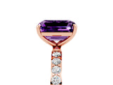 Rose gold Emerald Cut Amethyst Solitaire Ring with Pave Band and Four Prong Setting_29